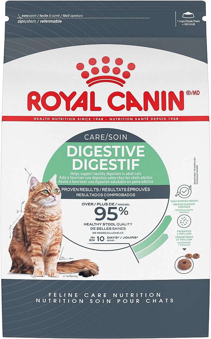 Royal Canin Digestive Care cat food packaging, featuring benefits for indoor cats.