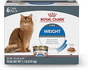 Royal Canin indoor cat food pack for weight management with an image of a cat and a can of sliced food in gravy.