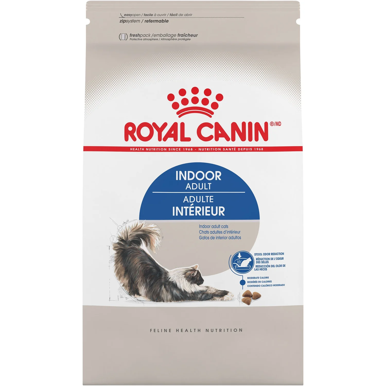 Royal Canin Indoor Adult cat food packaging for indoor cats, featuring a lounging long-haired cat illustration.