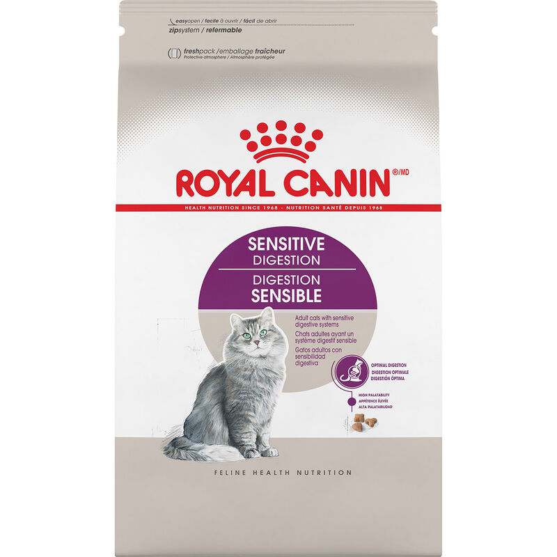 Royal Canin Sensitive Digestion cat food for indoor cats, featuring a gray cat on the packaging.