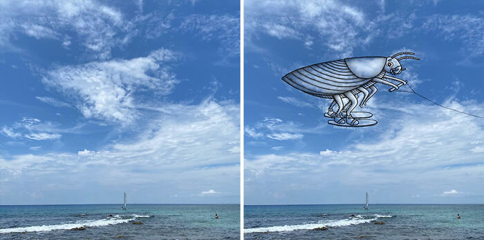 Cloud illustrations added to pictures of clouds, transforming the sky into creative and fun artwork over the ocean horizon.
