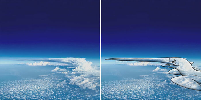 A fun illustration of a cloud shaped like a long-beaked bird in a clear blue sky, showcasing creative cloud art.