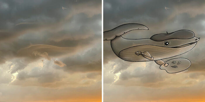 Split image showing a cloudy sky transformed with fun illustrations into a smiling whale holding a painter’s palette.