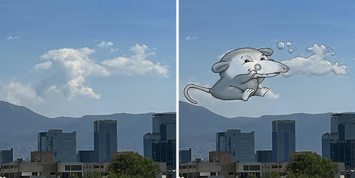 Cloud formation above city skyline transformed into a fun illustrated mouse blowing bubbles in the sky.