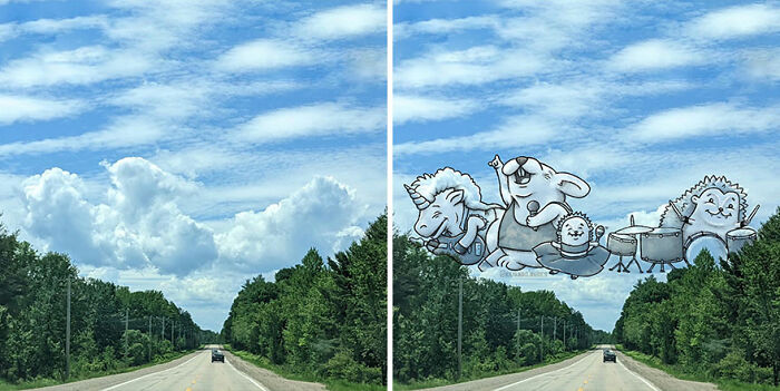 Illustrations on pictures of clouds showing fun characters playing instruments above a road with green trees.