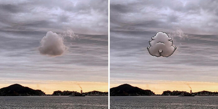 A fun illustration on a picture of a cloud, transforming it into a playful artistic creation in the sky.