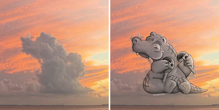 Cloud shapes transformed with fun illustrations by an artist, creating playful scenes on pictures of clouds at sunset.