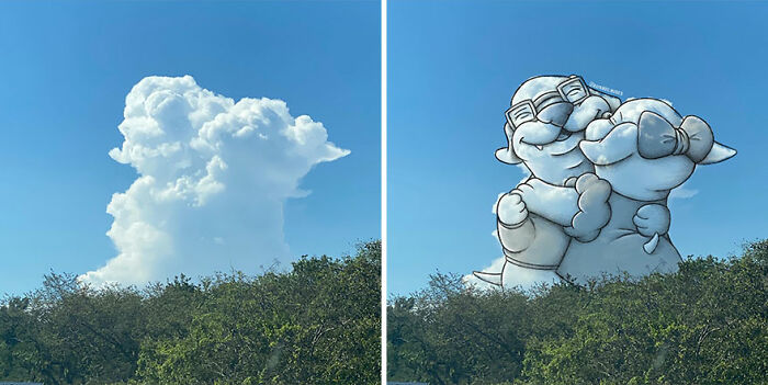 Cloud with fun illustrations of hugging cartoon characters against a clear blue sky above green trees.