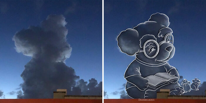 Clouds shaped like a bear transformed with fun illustrations into a reading cartoon bear with glasses and small animals.