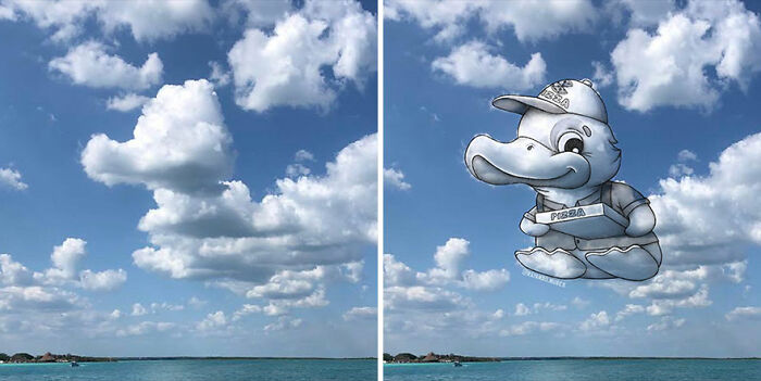 Clouds over water transformed with fun illustrations of cartoon characters in the sky by a creative artist.
