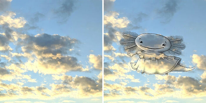 Cloud picture transformed with fun illustrations by an artist creating imaginative designs on clouds.