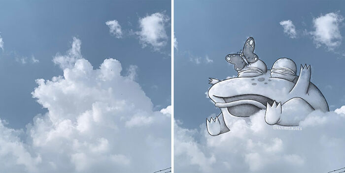Illustration of a frog with a butterfly on its nose created on a picture of clouds by a creative artist.