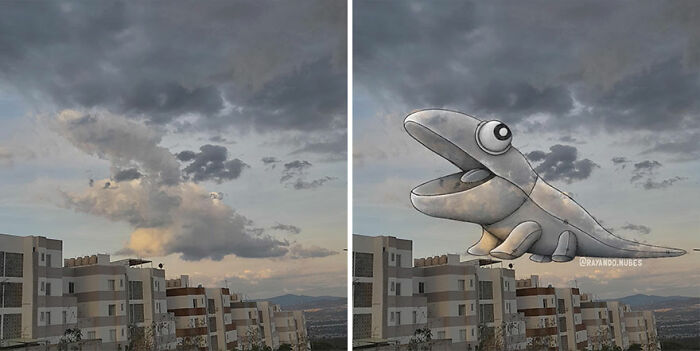 Clouds over city buildings transformed with fun illustrations creating imaginative characters in the sky by an artist.