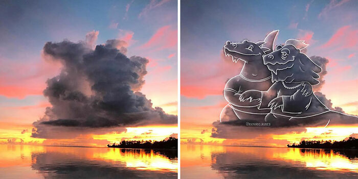 Cloud illustrations show fun artworks added to pictures of clouds over a vibrant sunset and calm water.