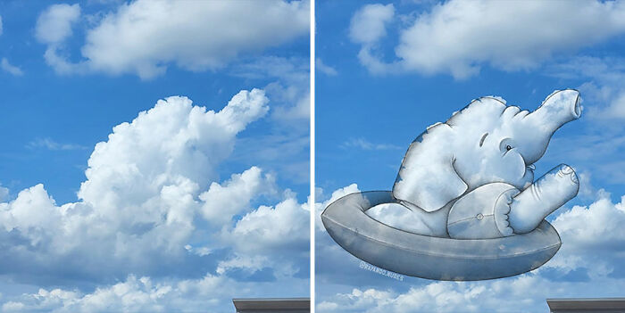 Clouds shaped like an elephant with added fun illustrations showing creativity in cloud art and imaginative drawings.