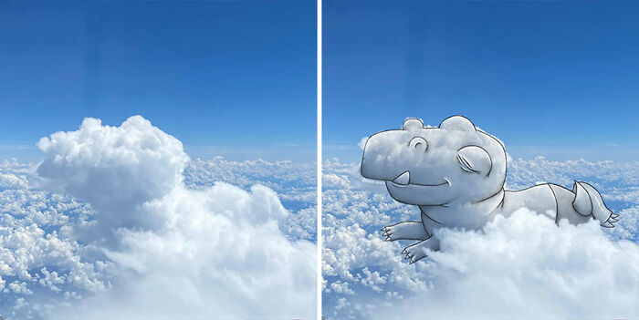 Clouds transformed into fun illustrations, showing a cute cartoon hippo relaxing on fluffy white clouds.