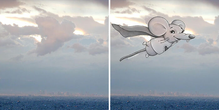 Cloud pictures with fun illustrations showing a flying mouse superhero drawn over fluffy clouds above the ocean.