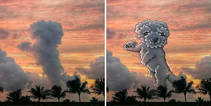Clouds shaped like a lion holding a fish, with fun illustrations enhancing pictures of clouds at sunset.