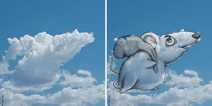 Cloud shaped like a mouse, transformed with fun illustrations on pictures of clouds against a bright blue sky.