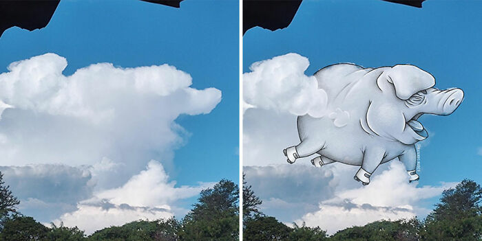 Clouds in a blue sky transformed with fun illustrations into a flying pig by an artist creating imaginative cloud art.