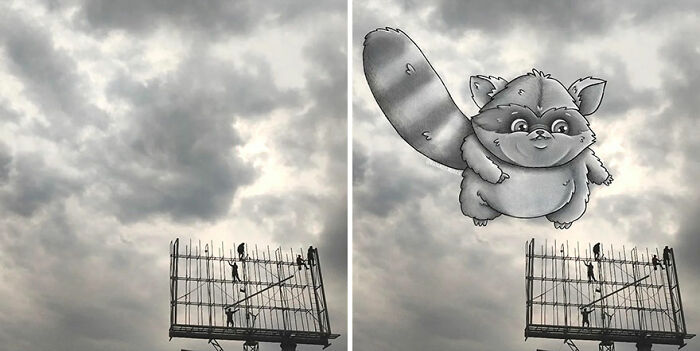 Side-by-side images showing fun illustrations on pictures of clouds with workers on a billboard structure below.