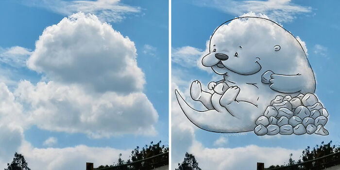 Cloud illustration showing a playful otter created by an artist using fun illustrations on pictures of clouds.