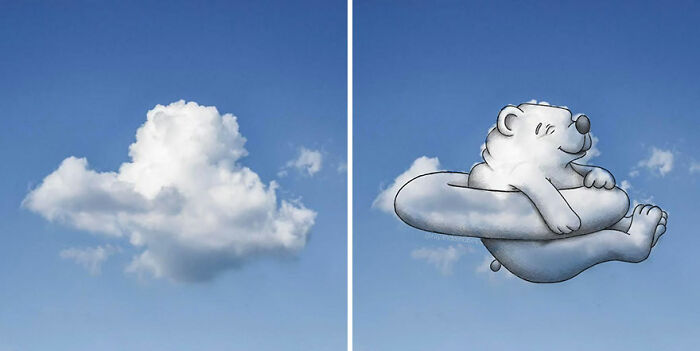 Cloud pictures transformed into fun illustrations, featuring a bear using a cloud as a floatation ring in a blue sky.