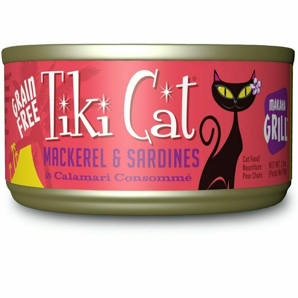 Tiki Cat mackerel and sardines can, ideal cat food for indoor cats, with vibrant packaging.