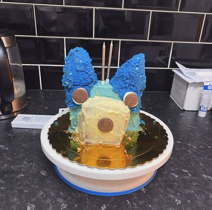 My Attempt At Making Bluey Cake. It Turned Out To Be A Bit Of A Disaster. My Icing Went Horribly Wrong, But We Learned And Moved On