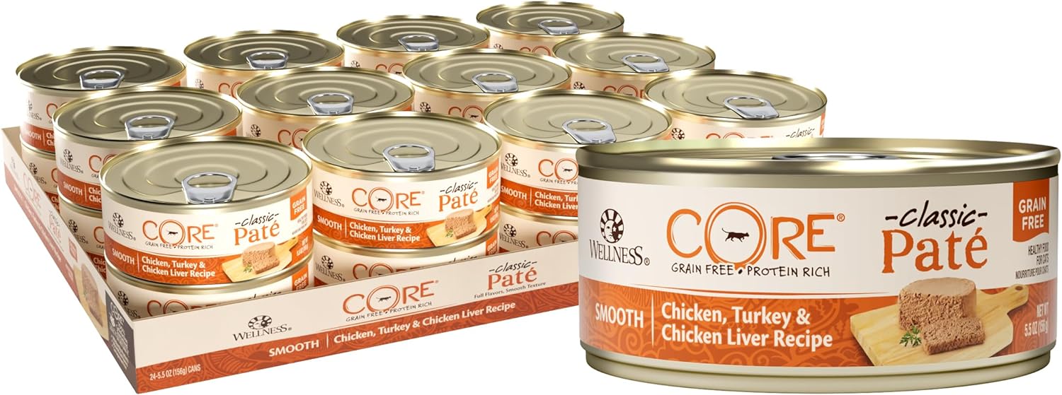 Wellness CORE classic pat&eacute; cans, chicken and turkey recipe, ideal cat food for indoor cats.