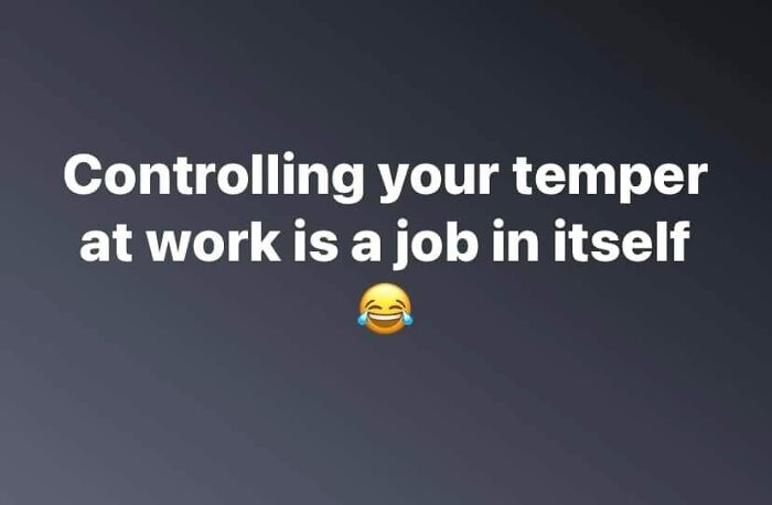 Funny work meme with text: "Controlling your temper at work is a job in itself" and a laughing emoji.