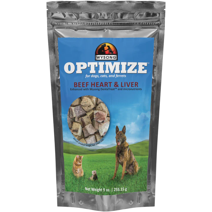 Wysong Optimize cat food with beef heart and liver, ideal for indoor cats, in a resealable bag.