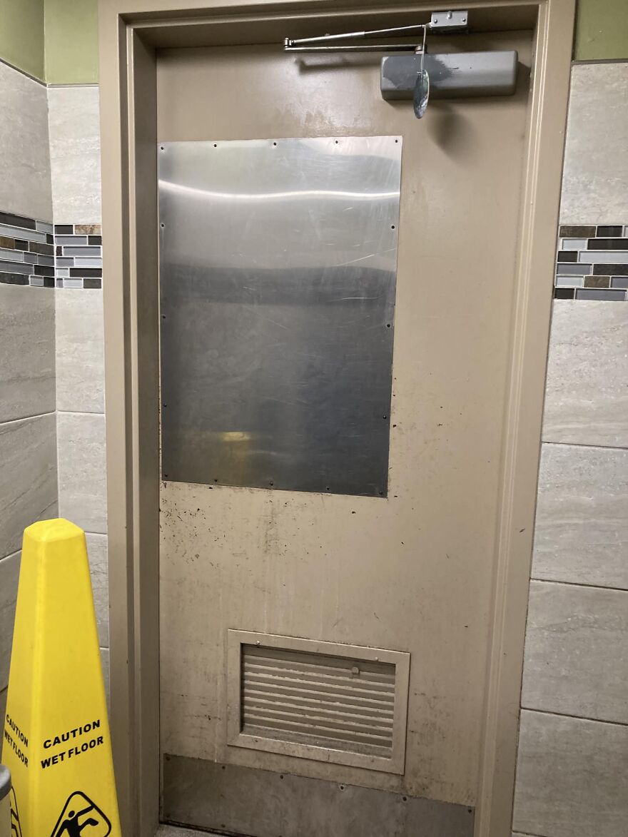 As An Architect, I Have Specified A Lot Of Door Hardware. Needless To Say, I Have Questions About This Push-Plate In A Smallish Public Restroom. (Seems A Bit Excessive, Doesn’t It???)