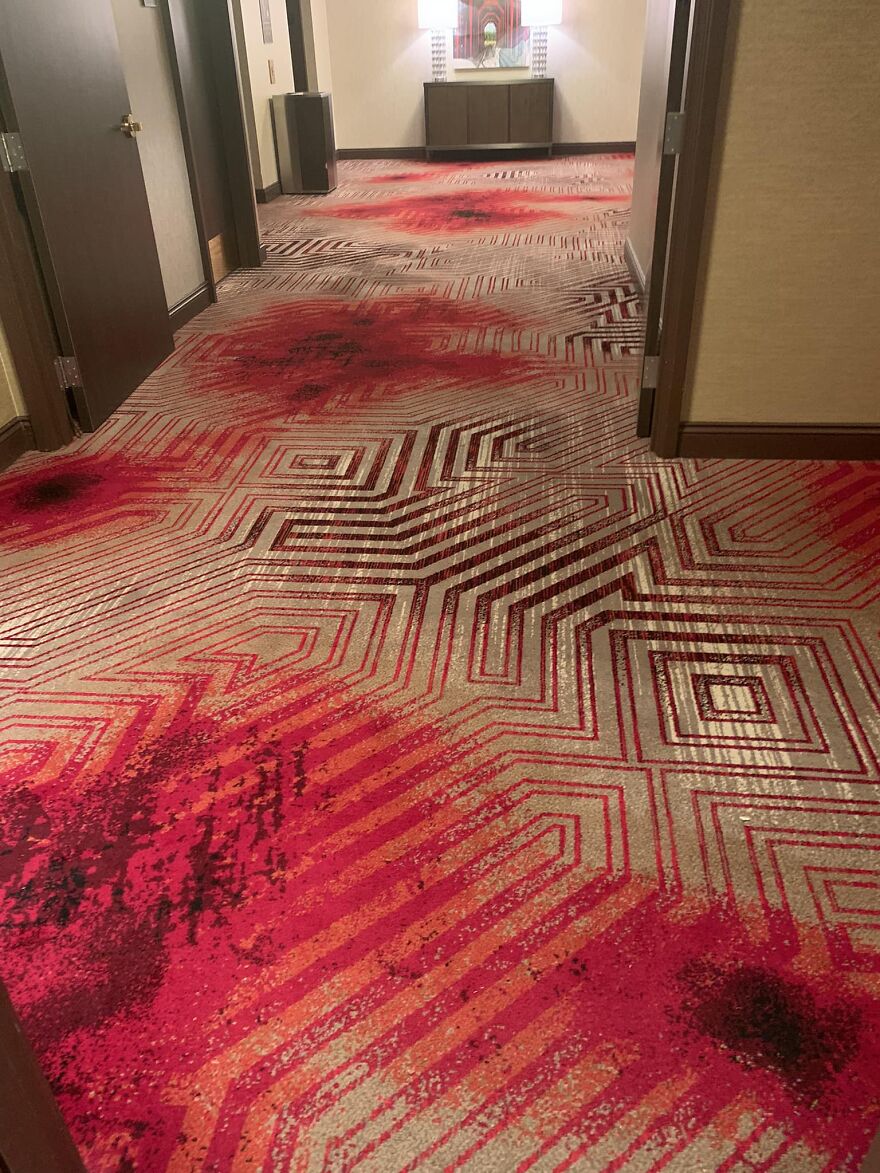 Now…who In The World Thought This Carpet Was A Good Idea In This Hotel. We Are Staying At The Ameristar In Kansas City. When The Elevator Door Opened We Seriously Thought It Was A Crime Scene