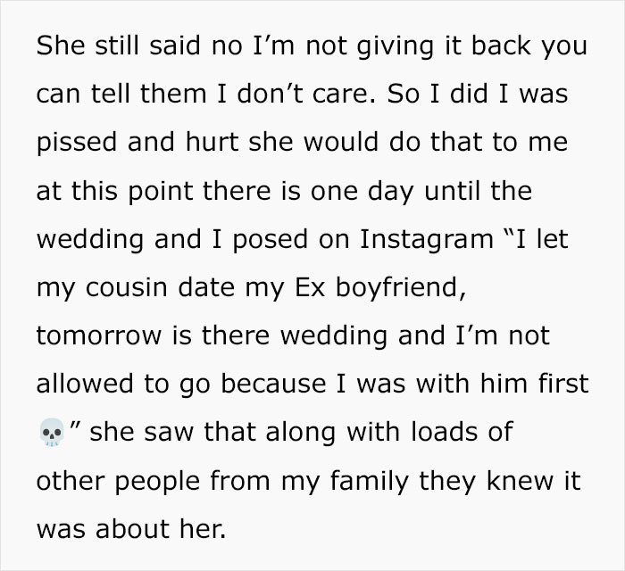 Woman Offended She Was Uninvited From Her Cousin&rsquo;s Wedding With Her Ex, Tells Everyone About It