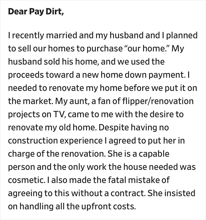 Person Asks For Help After Aunt Hands Them $70K Bill For House Flip No One Asked For Person Asks For Help After Aunt Hands Them $70K Bill For House Flip No One Asked For