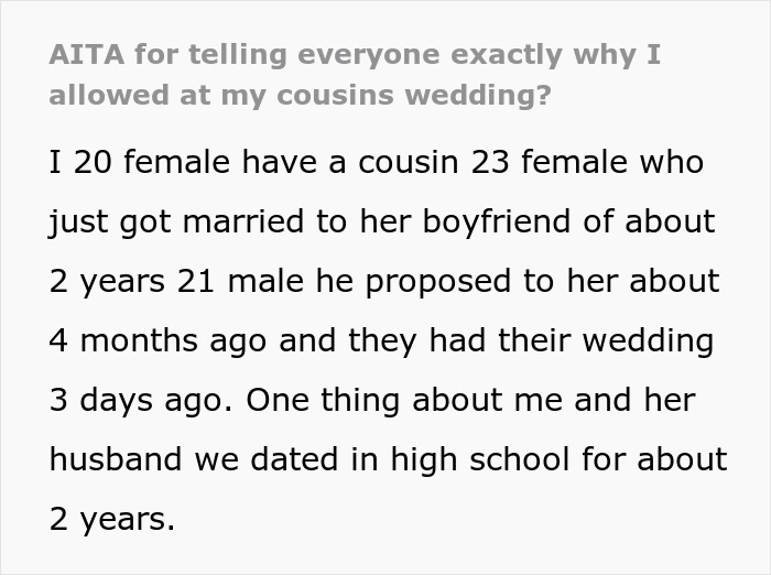 Woman Offended She Was Uninvited From Her Cousin&rsquo;s Wedding With Her Ex, Tells Everyone About It