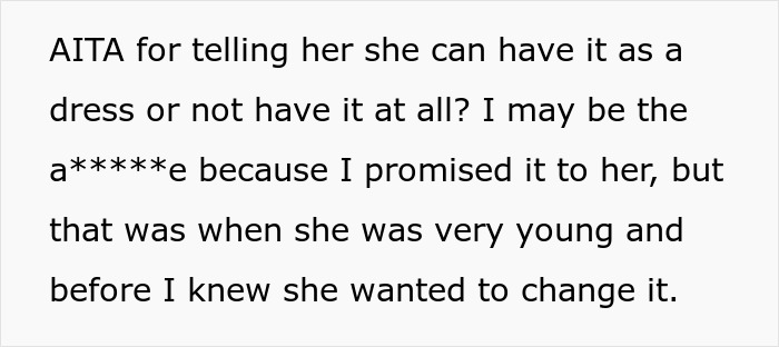 Mom Won't Lend Her Wedding Dress As Promised So That Her Daughter Can Cut It Up