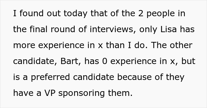Person Reveals Interview Secrets To Applicant, Making Sure Candidate With Unfair Advantage Loses