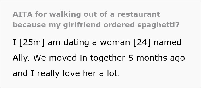 Couple at a restaurant, woman ordering spaghetti against boyfriend&rsquo;s wishes, leading to him leaving immediately.