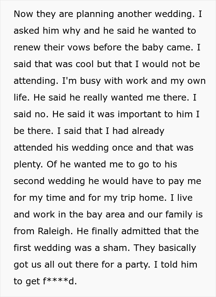 Person Gets Invited To Brother&rsquo;s 2nd Wedding, Says No After They Learn Truth About The 1st One