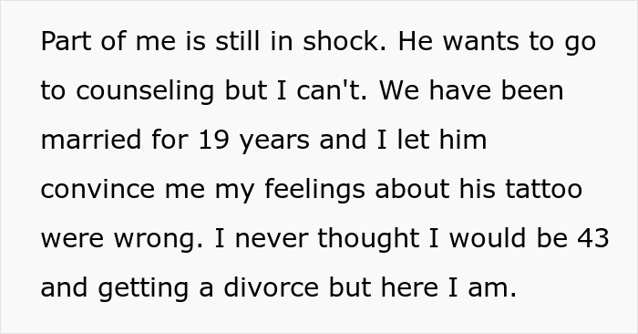 Text about a wife's emotional discovery related to her husband's lily tattoo and their 19-year marriage. Text about a wife's emotional discovery related to her husband's lily tattoo and their 19-year marriage.