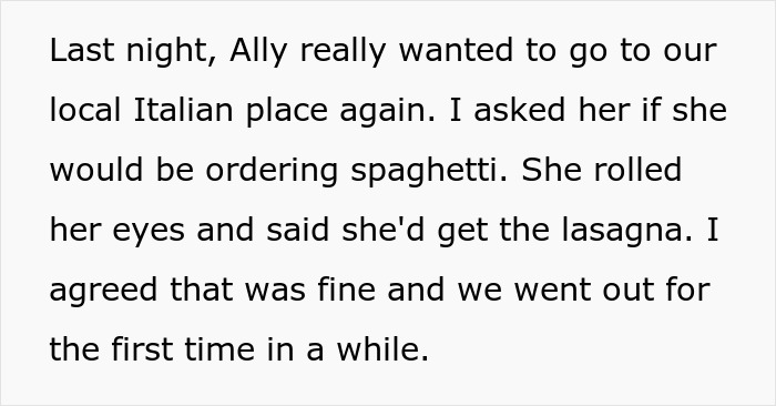 Couple at an Italian restaurant, woman ordering spaghetti despite promising not to, boyfriend reacting and leaving promptly.