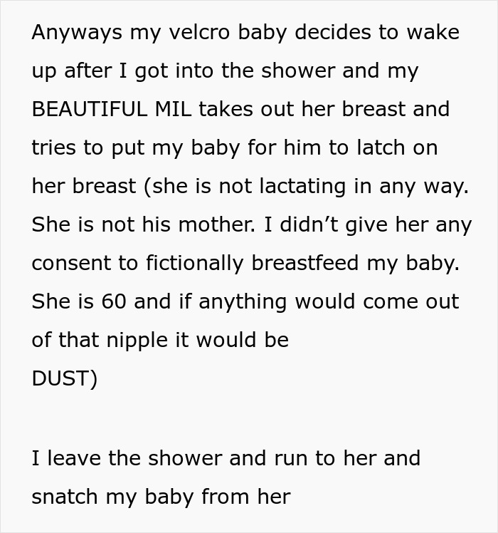 Woman Snatches Baby Away From MIL Who Tried To Breastfeed Him While She Was Showering