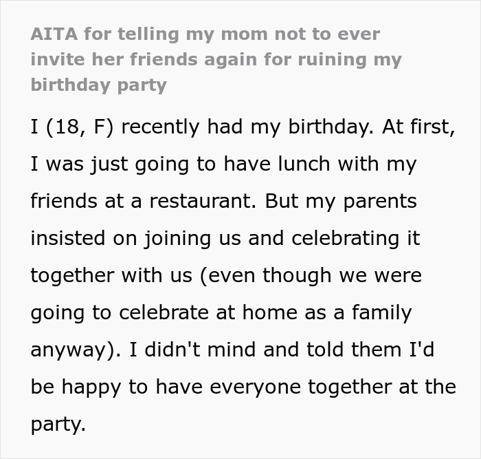 B-Day Girl Asks Mom Not To Invite Her Own Friends, She Does It Anyway And Ruins The Party B-Day Girl Asks Mom Not To Invite Her Own Friends, She Does It Anyway And Ruins The Party