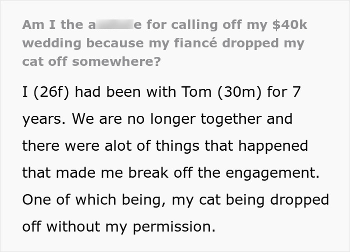 &ldquo;[Am I The Jerk] For Calling Off My $40K Wedding Because My Fianc&eacute; Dropped My Cat Off Somewhere?&rdquo;