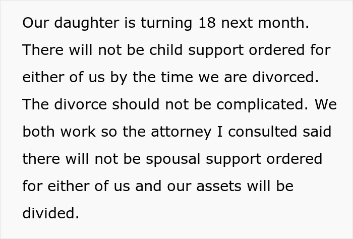 Text about divorce without child or spousal support, mentioning turning 18 and asset division. Text about divorce without child or spousal support, mentioning turning 18 and asset division.