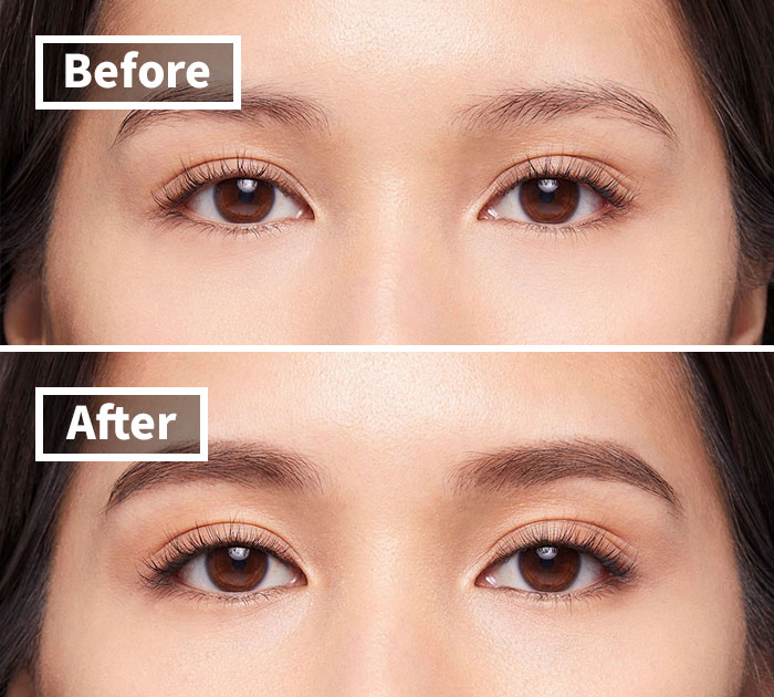 Close-up of eyes showing before and after beauty brand treatment enhancing eyebrows and eyelashes in 2024.