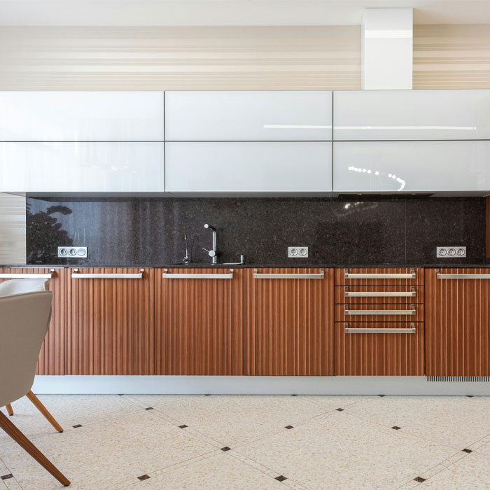 Light brown and white kitchen cabinets