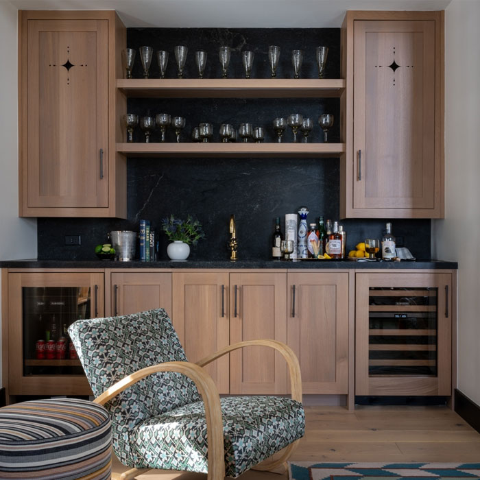 Brown kitchen cabinets with open shelves